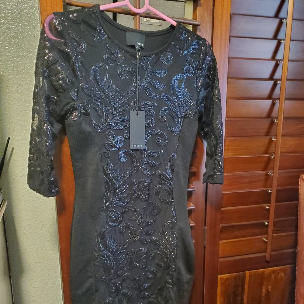 Greylin – Sequin Pattern Dress- Black-S
